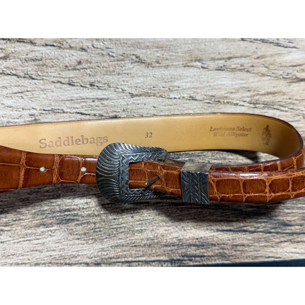 Saddlebags Alligator Leather Belt Mens 32 Brown Western Ranger Silver Buckle